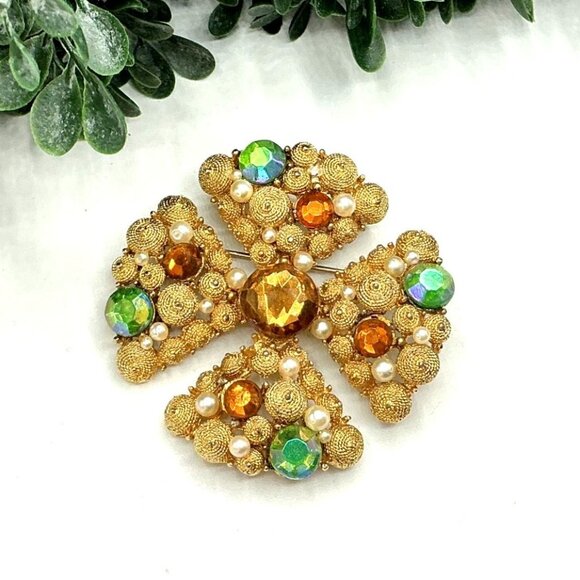Vintage Gold Tone Filigree Cluster Brooch With Iridescent Stones by SA Samsan se - Picture 1 of 4